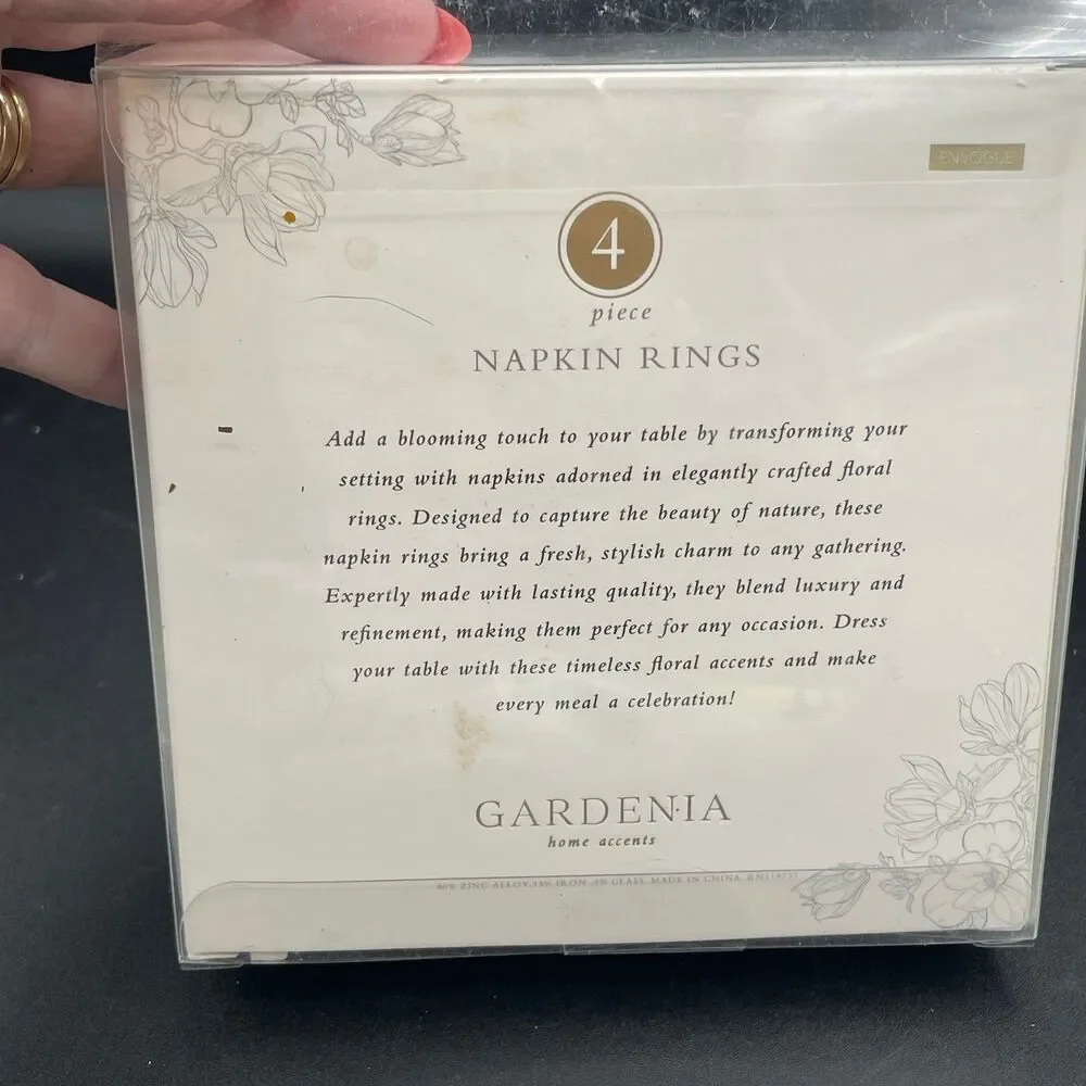 Mud Pie Gardenia Daisy Bee Napkin Rings White Gold Enamel Set of 4 Sealed Box